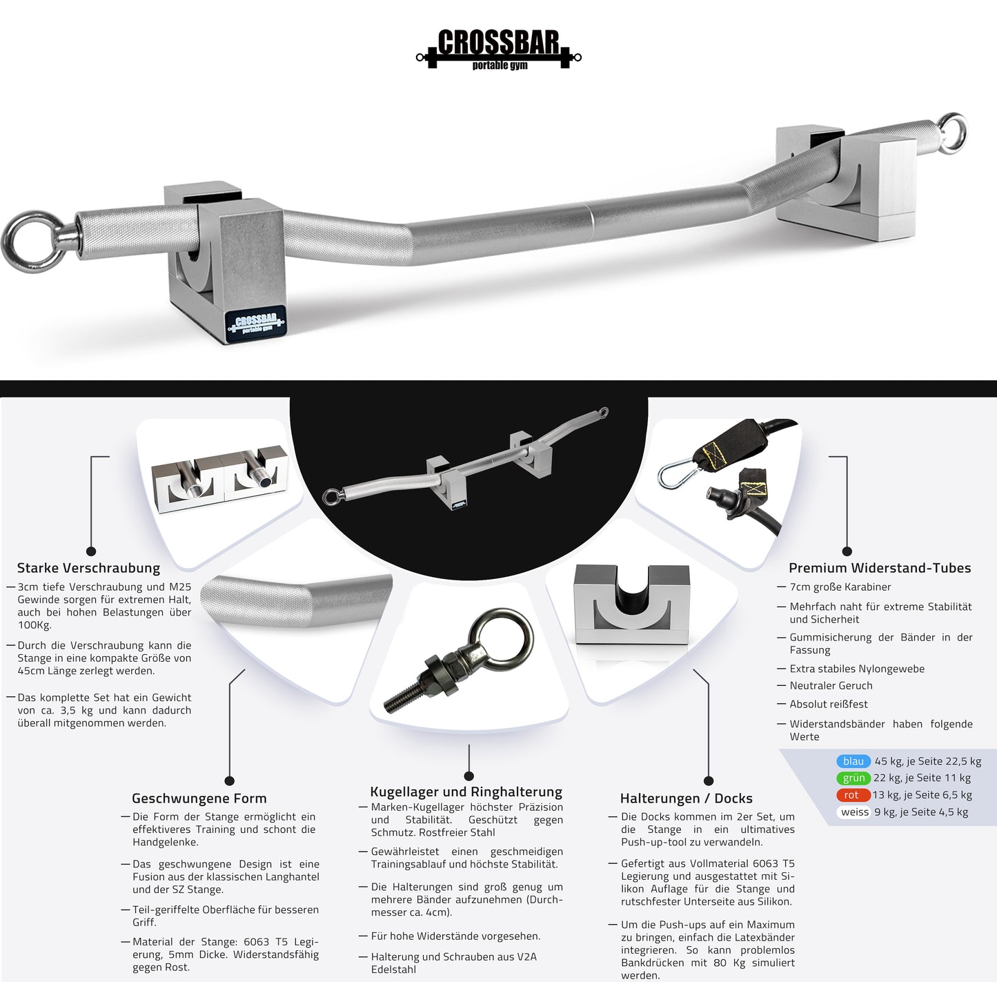 Master Box Set - Crossbar + Crosspull Set 80 Kg Widerstand - inkl Tür und Outdoor-Anker, Handgriffe, Fußschlaufen - Crossbar portable gym