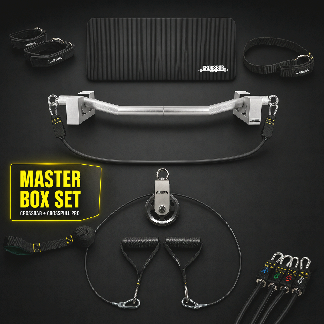 Master Box Set - Crossbar + Crosspull Set 80 Kg Widerstand - inkl Türanker, Handgriffe - Crossbar portable gym