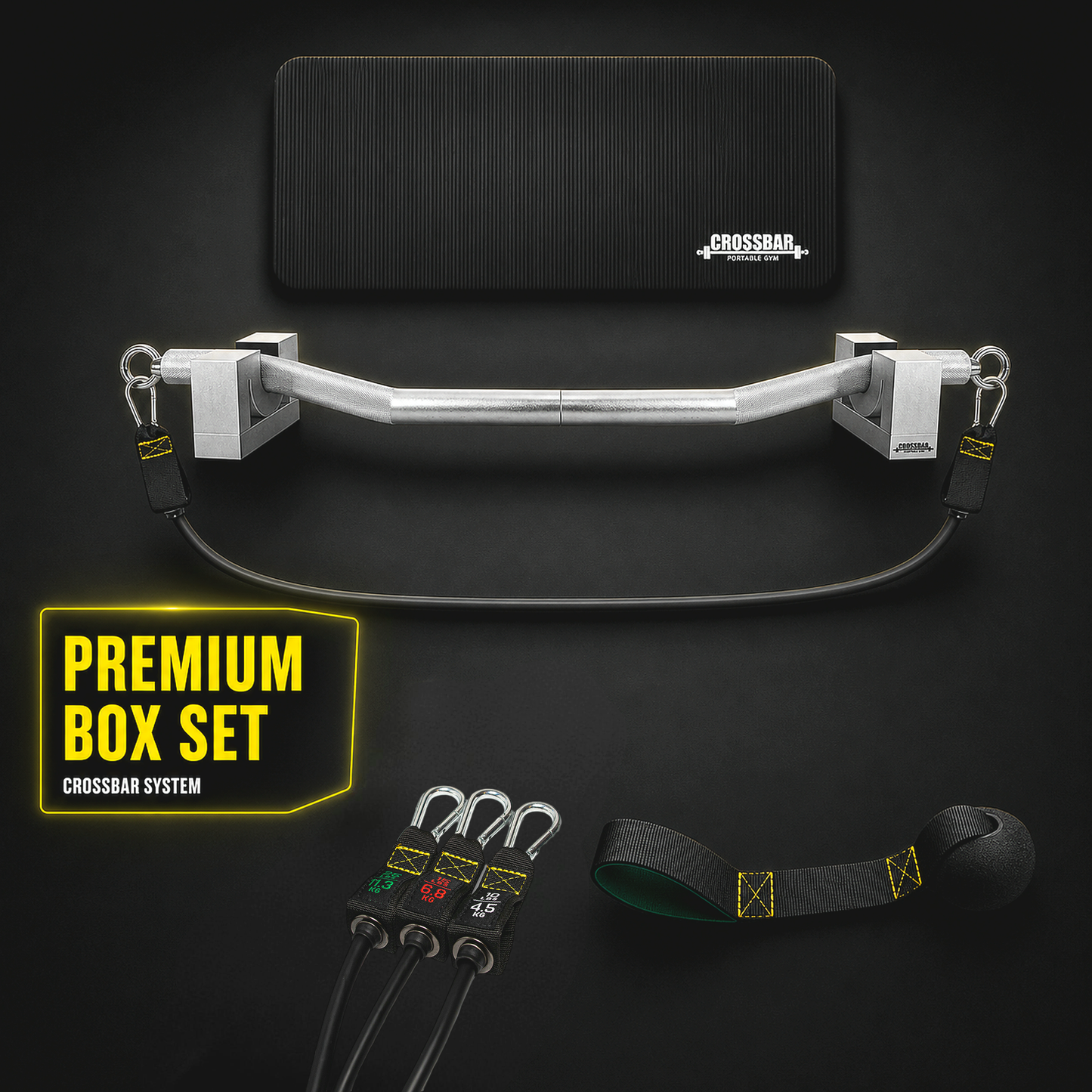 Premium Box Set - Crossbar 40 Kg Stange und Docking mit Widerstandsbänder | Inkl. Türanker, Handschuhe und Matte - Crossbar portable gym