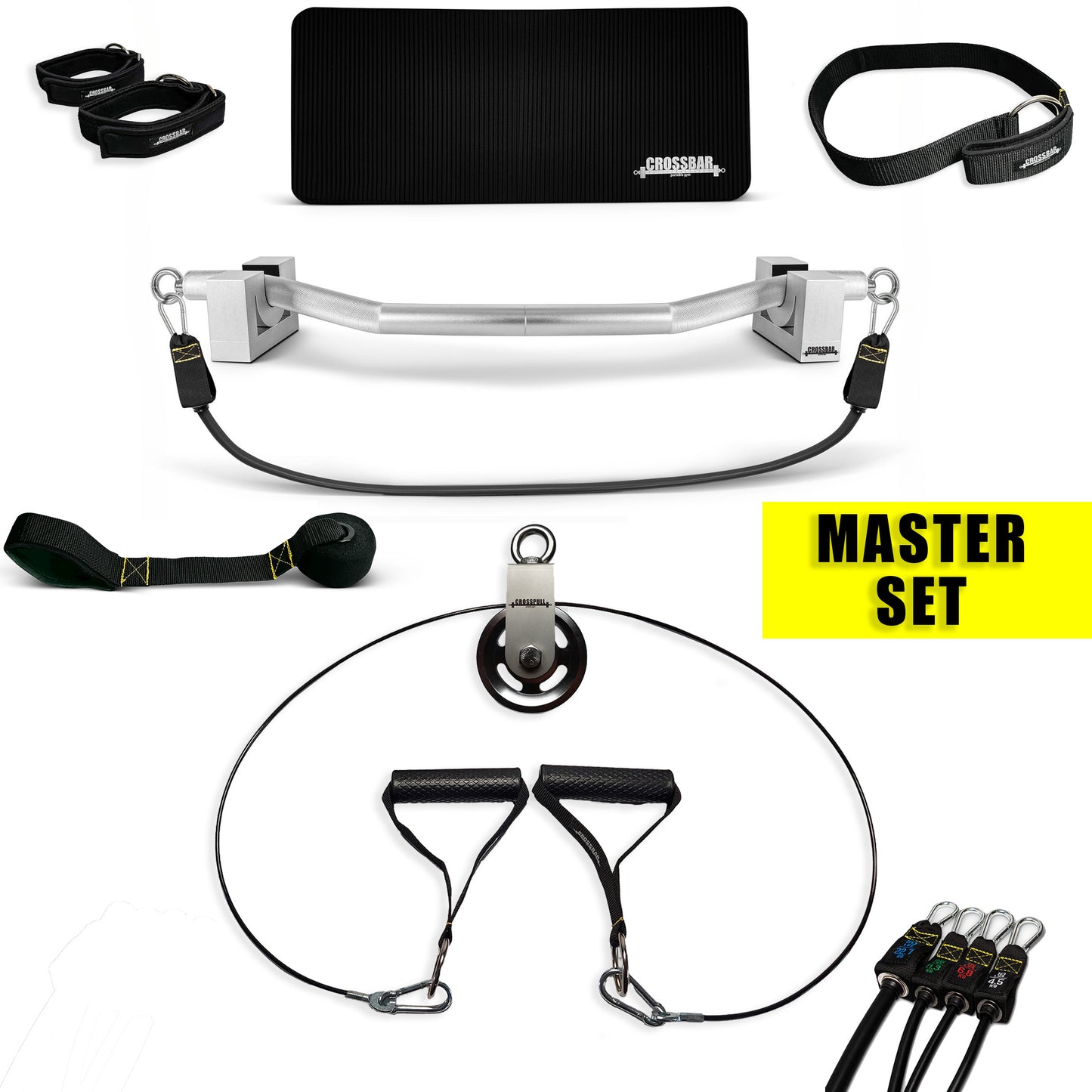 Master Box Set - Crossbar + Crosspull Set 80 Kg Widerstand - inkl Tür und Outdoor-Anker, Handgriffe, Fußschlaufen - Crossbar portable gym