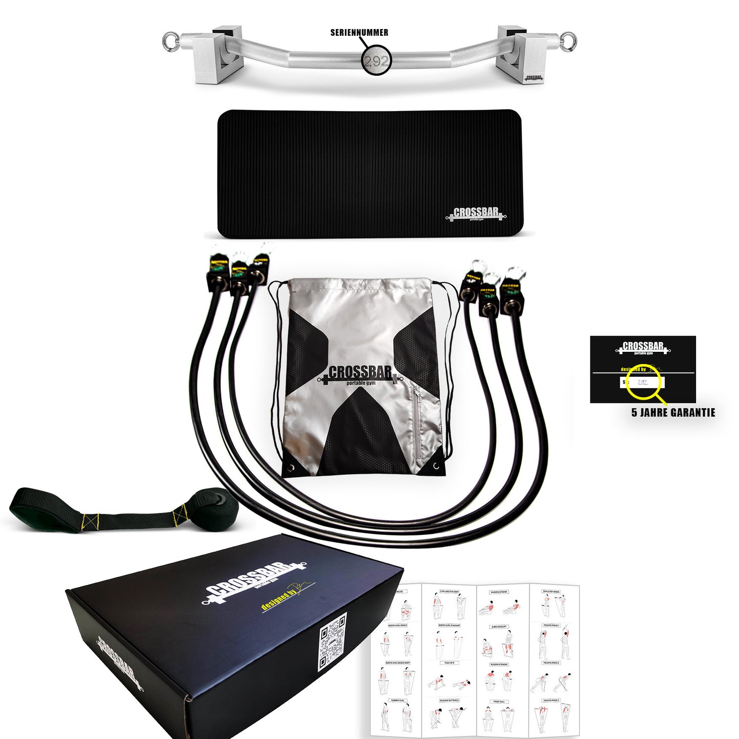 Premium Box Set - Crossbar 40 Kg Stange und Docking mit Widerstandsbänder | Inkl. Türanker Tasche und Matte - Crossbar portable gym